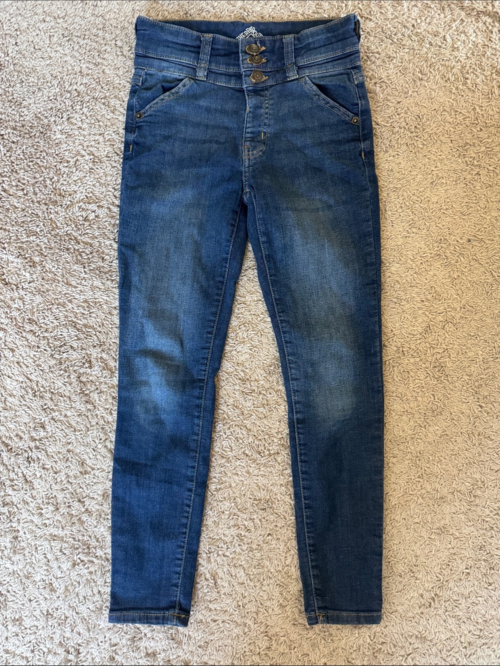 Girls Dark Wash Stretch Skinny Jeans with Triple Button Waist / G26